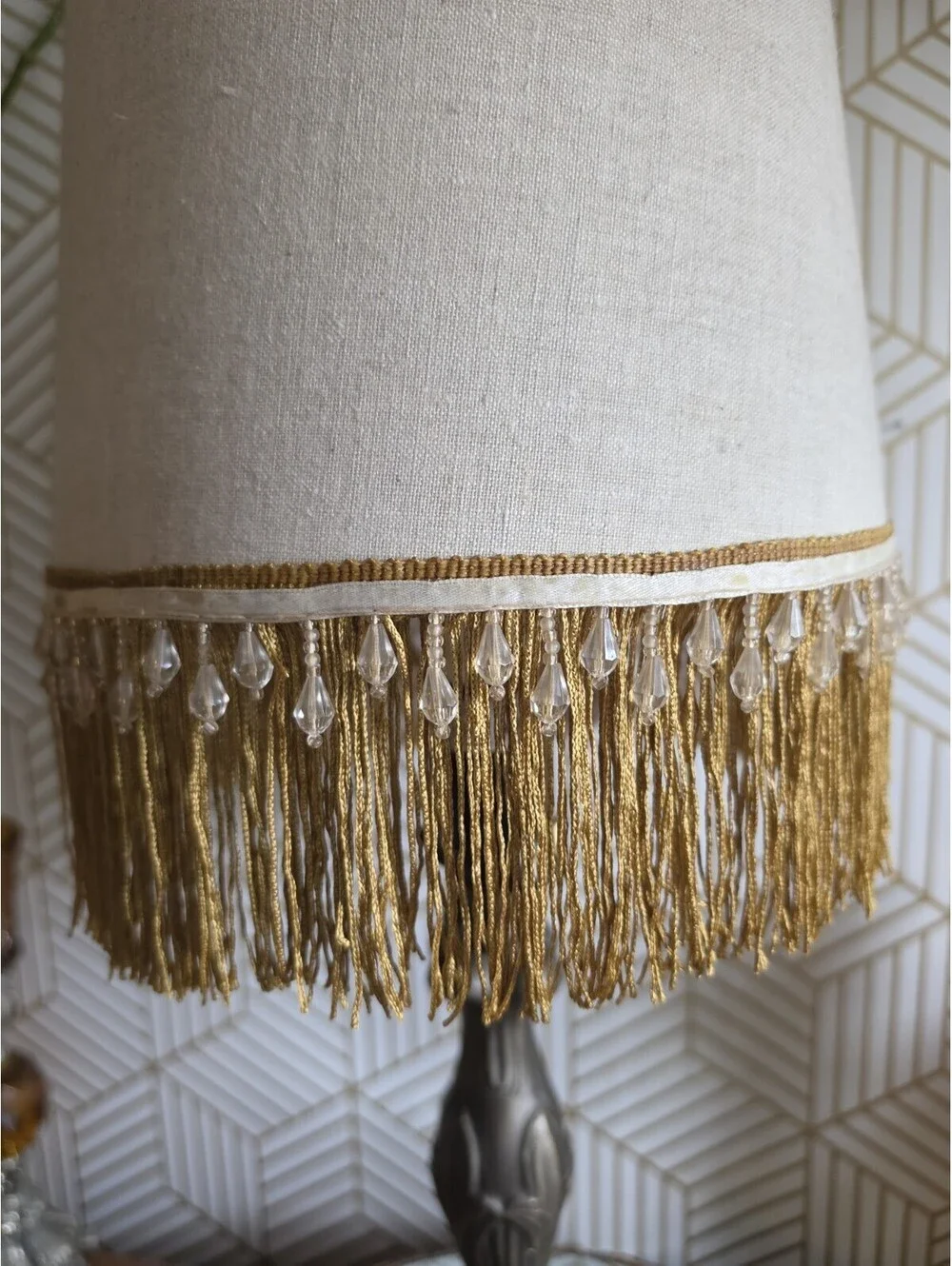 Vintage Fringed And Beaded Fabric Lampshade 10